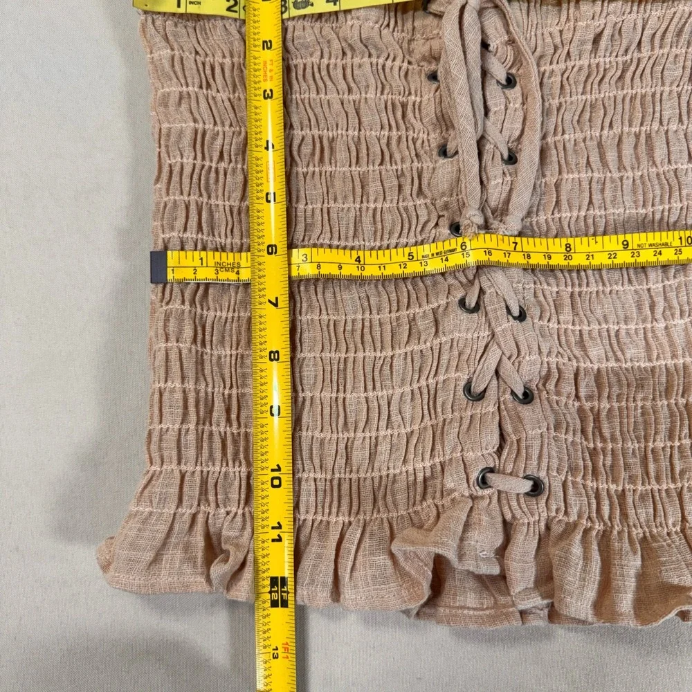 Intimately Free People Smocked Tube Top Lace Up Peach Ruffle Strapless Large EUC